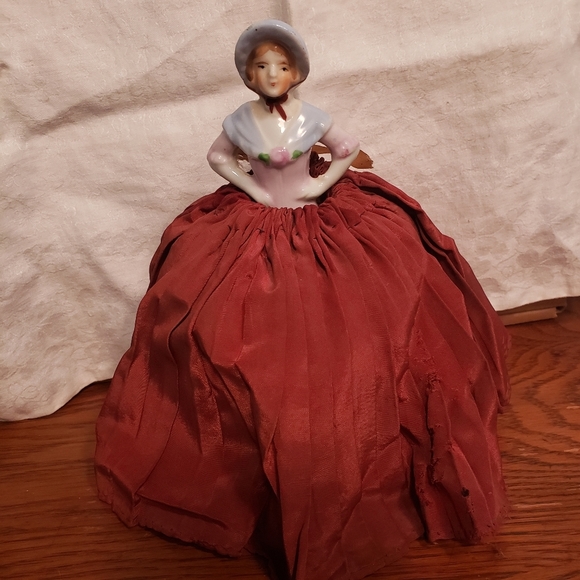 Antique Porcelain Half Doll Pincushion with Dark Red Silk Skirt - Picture 10 of 11